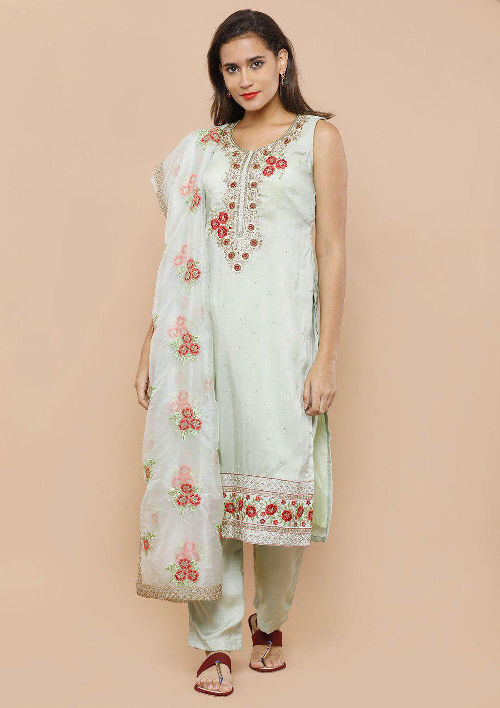 Green Embellished Tissue Salwar Suit