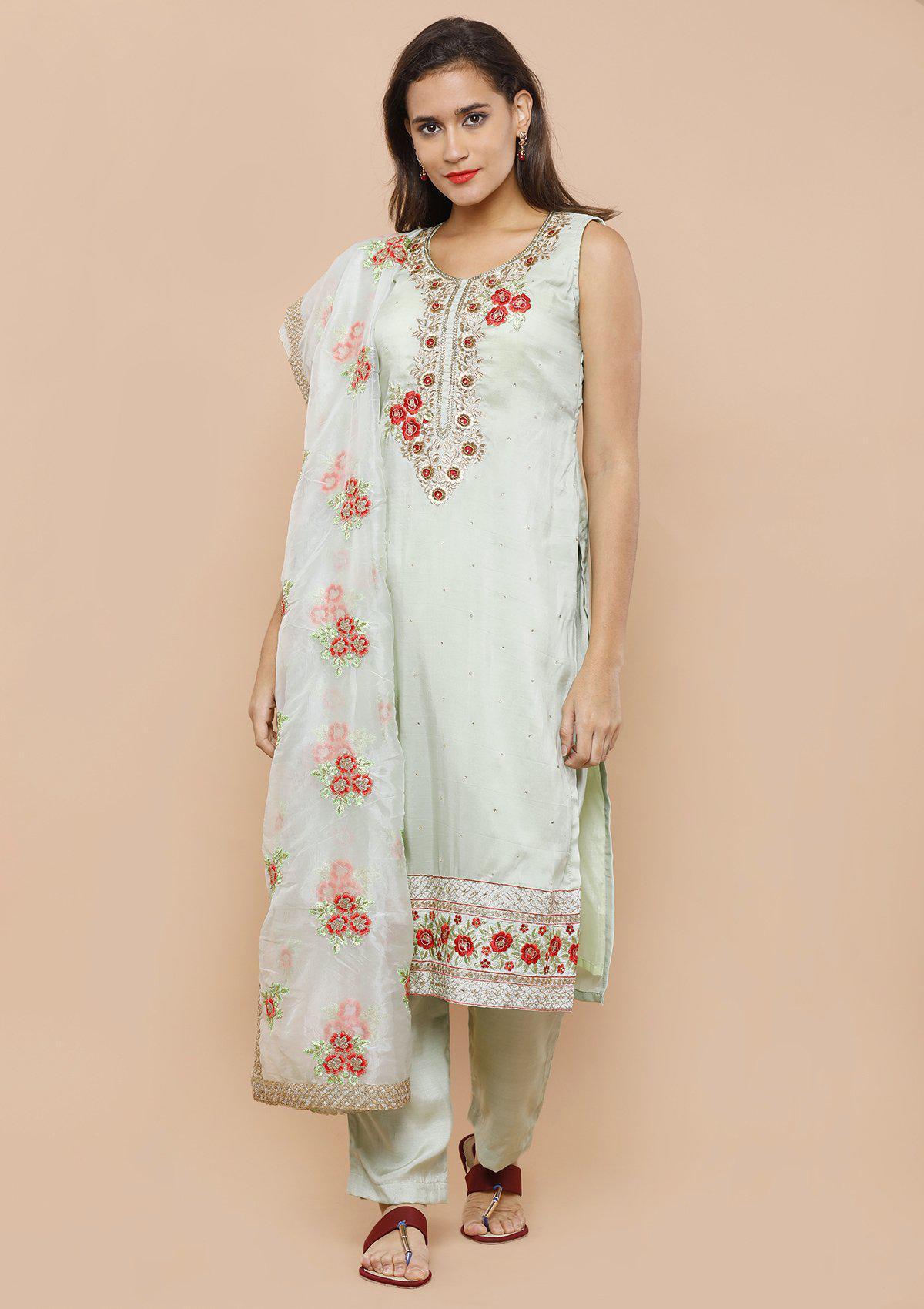 Green Embellished Tissue Salwar Suit