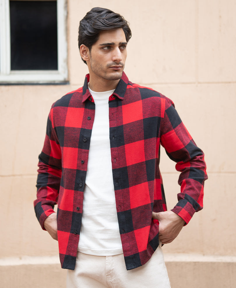 Bright Red Flannel Checks Shirt 100% Cotton