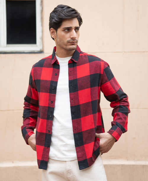 Bright Red Flannel Checks Shirt 100% Cotton