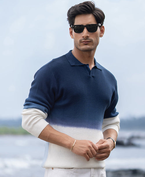 Dark Blue Knitted Ombre T-Shirt 100% Cotton