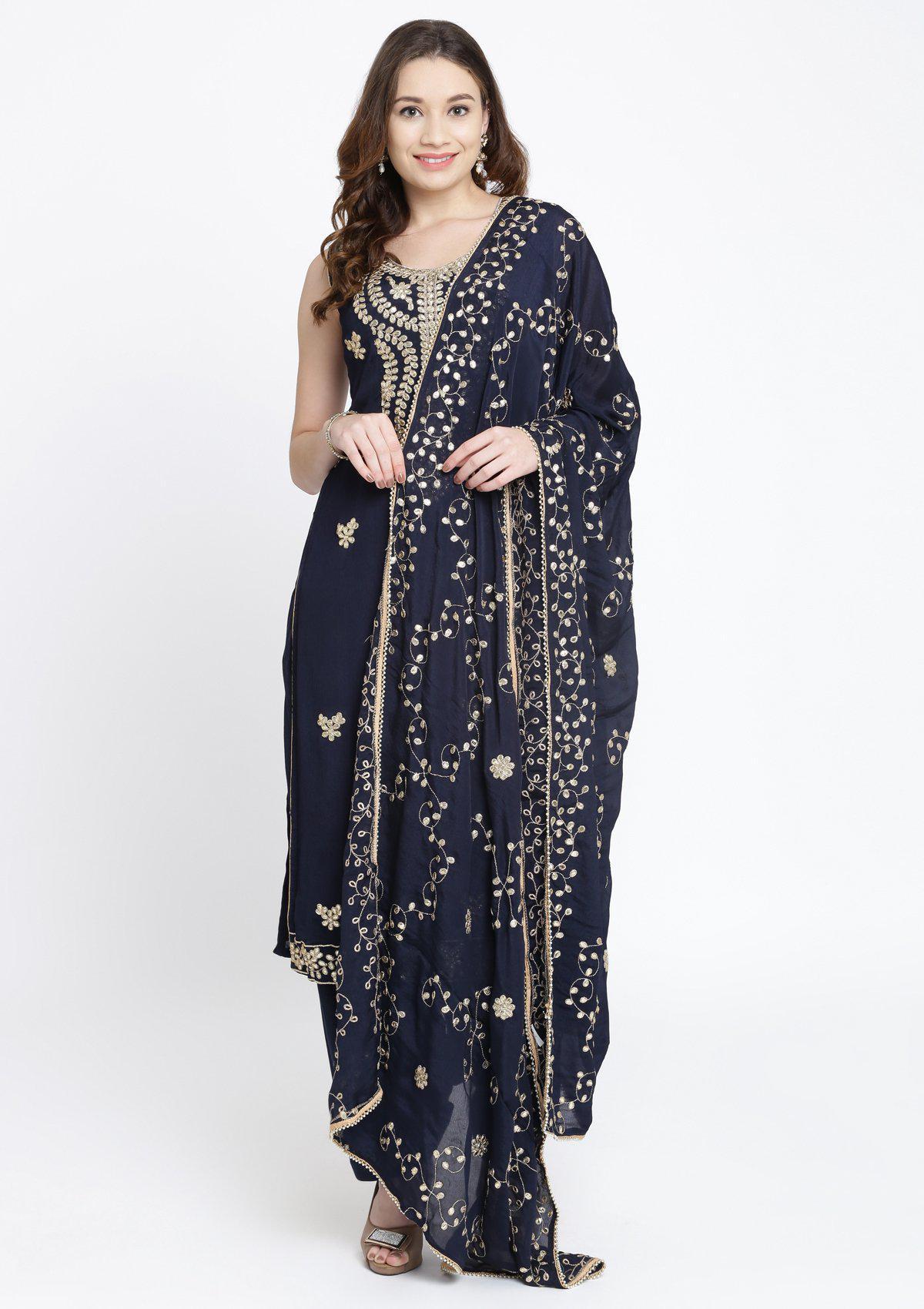 Navy Blue Gotapatti Semi Crepe Salwar Suit