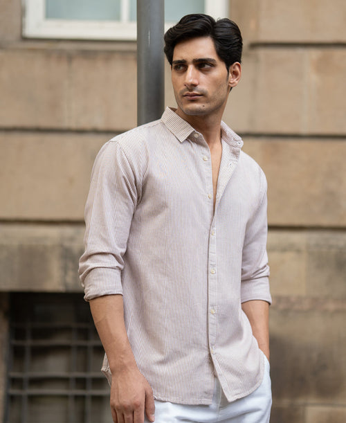 Dark Beige Oxford Stripe Shirt 100% Cotton