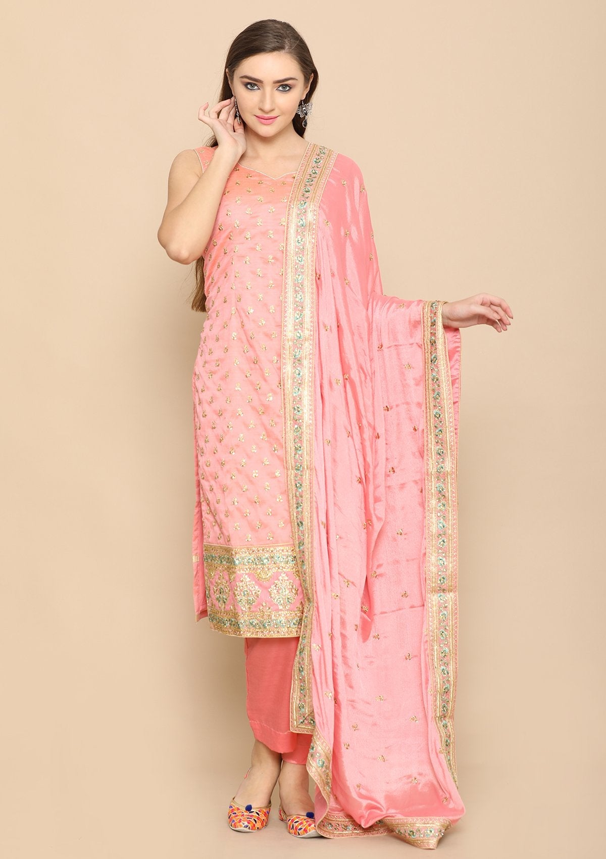Pink Thread Work Raw Silk Salwar Suit