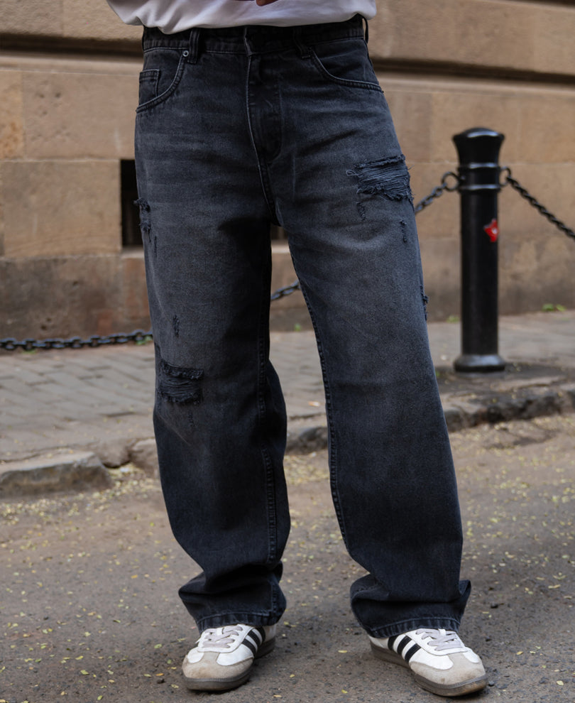 Charcoal Distressed Baggy Jeans 100% Cotton