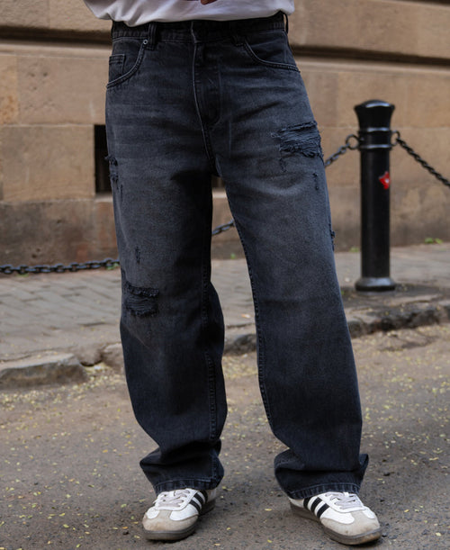 Charcoal Distressed Baggy Jeans 100% Cotton