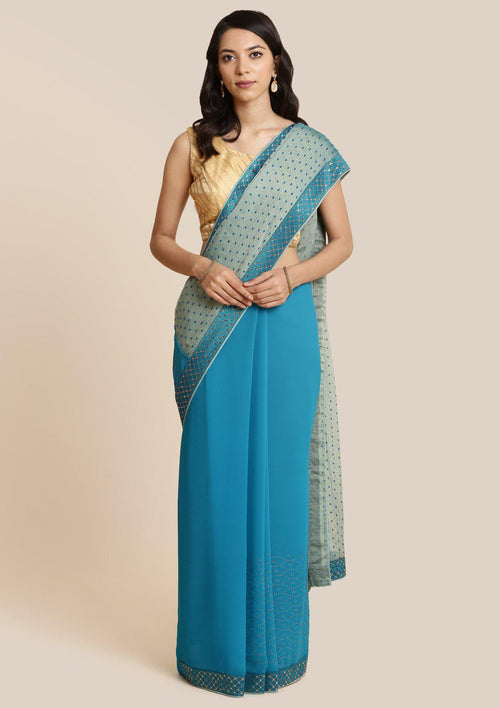 Blue Swarovski Georgette Designer Saree