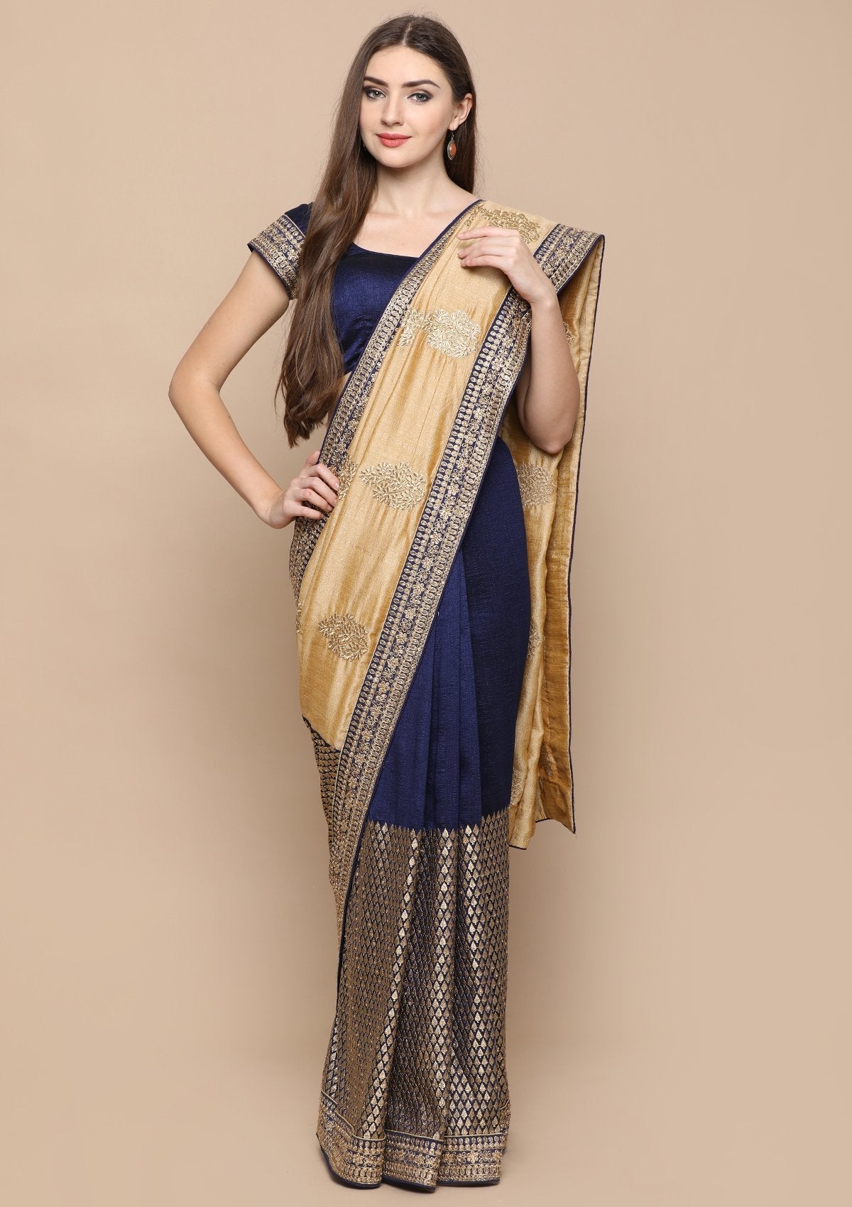 Beige and Blue Zari Work Chiffon Saree