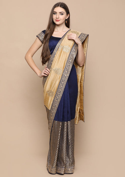 Beige and Blue Zari Work Chiffon Saree