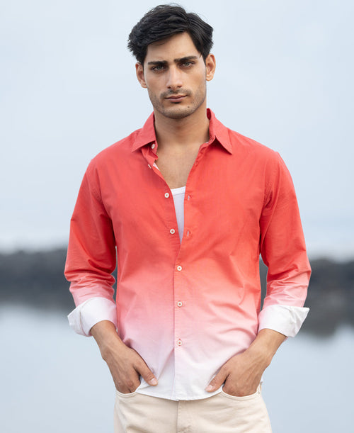 Coral Red Ombre Print Shirt 100% Cotton