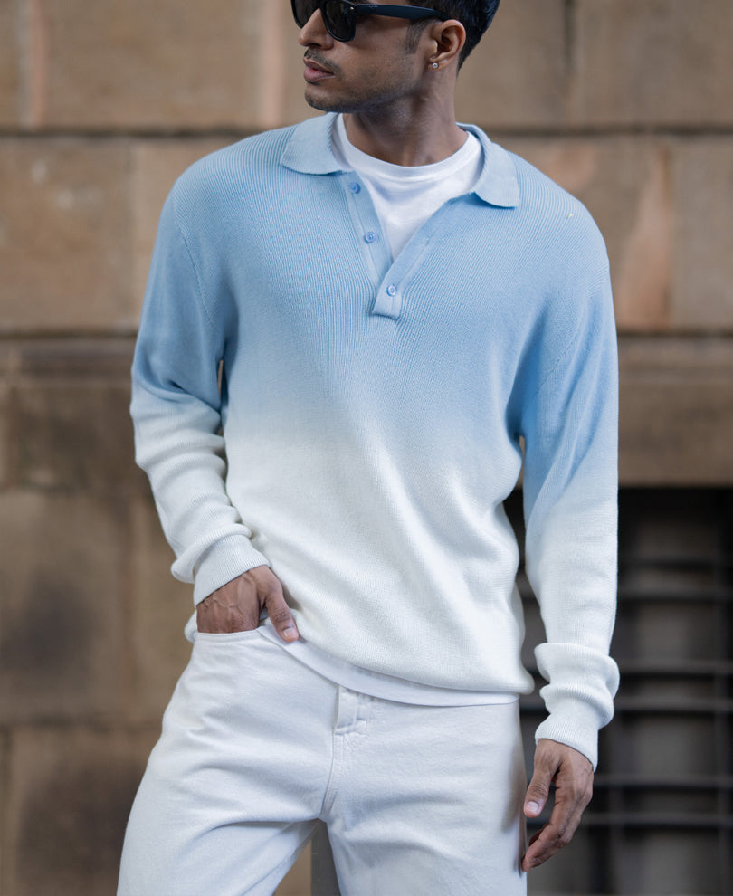 Light Blue Ombre Knit T-Shirt 100% Cotton