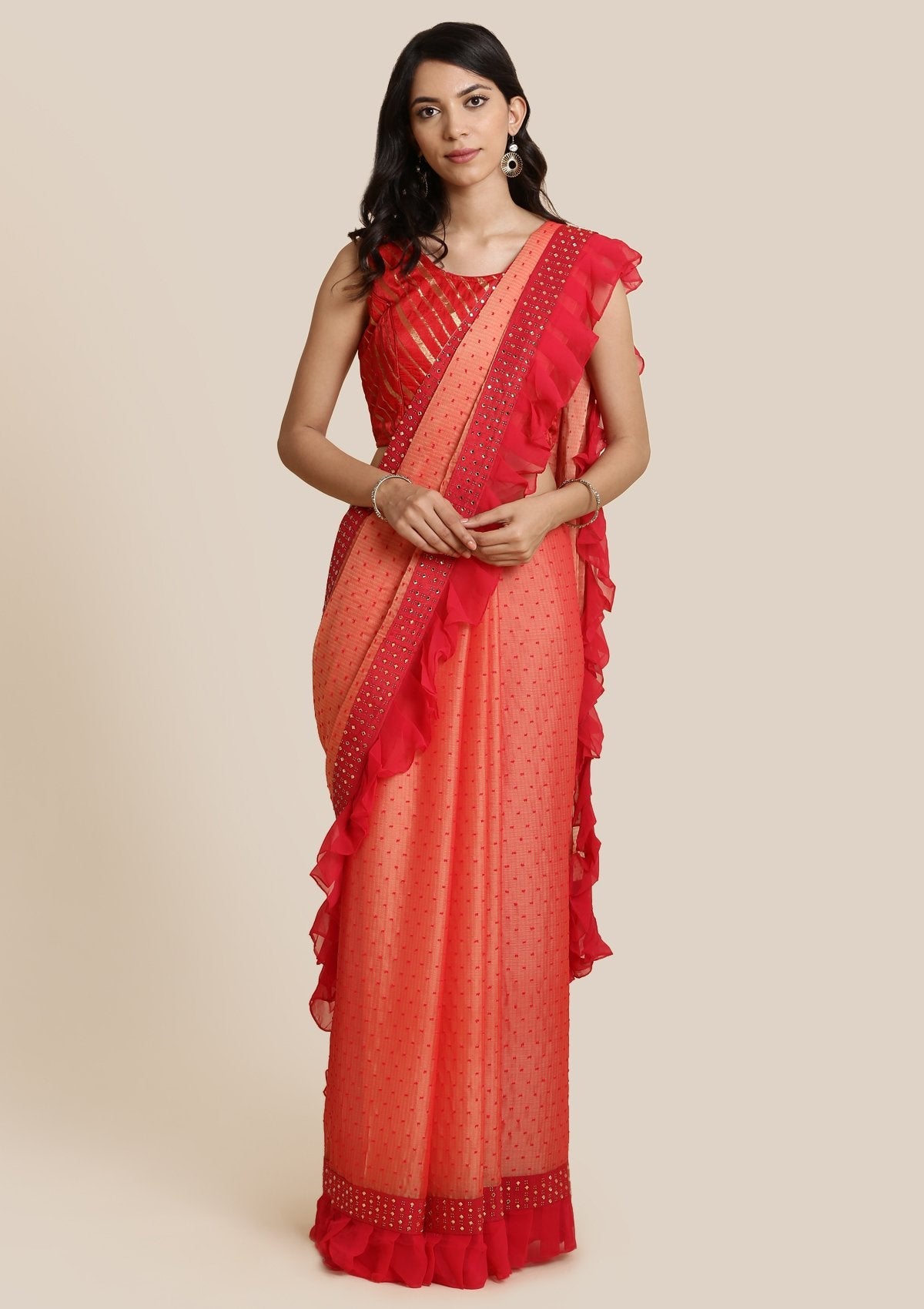 Peach Swarovski Georgette Designer Saree