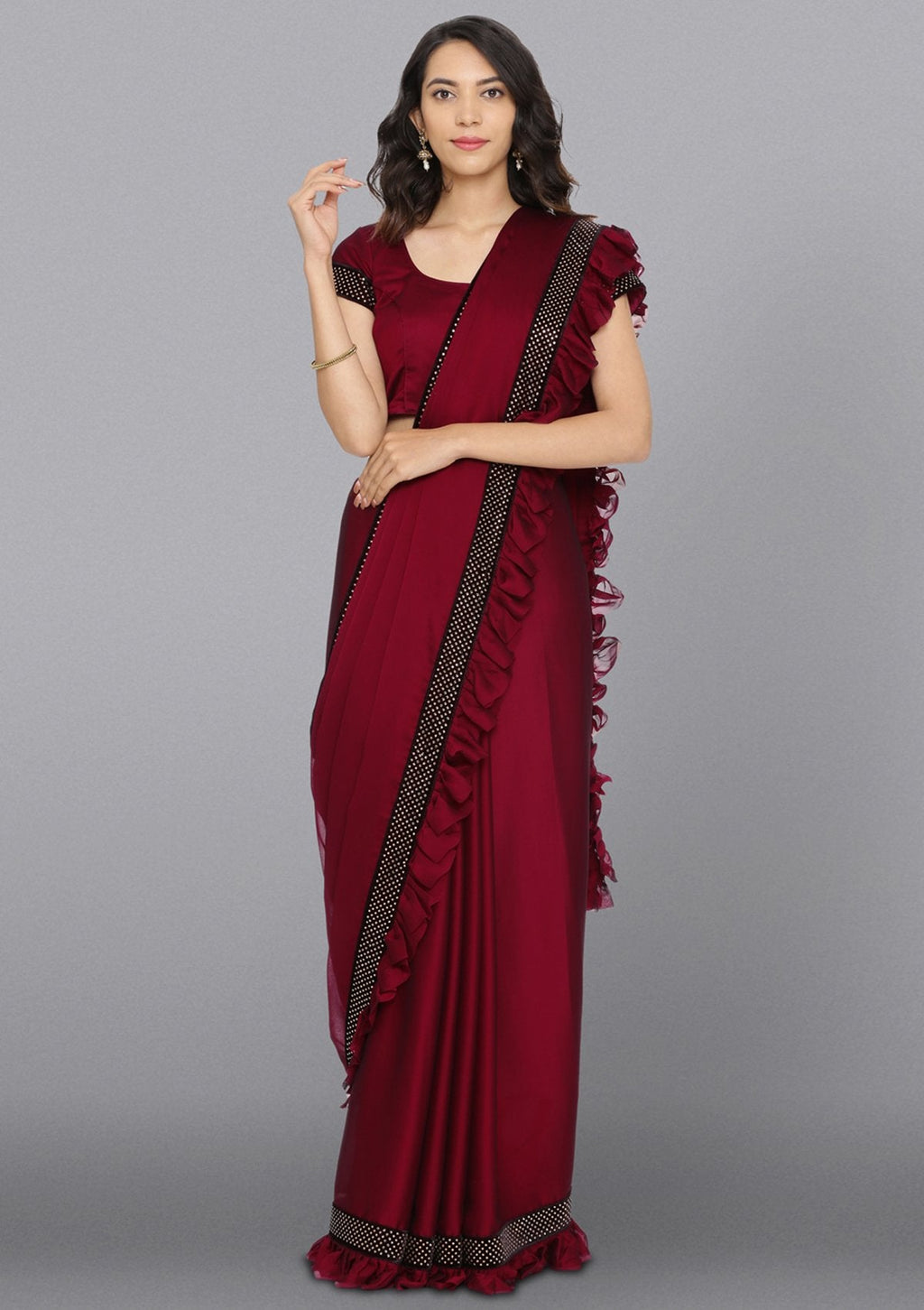 Maroon Swarovski Satin Designer Saree
