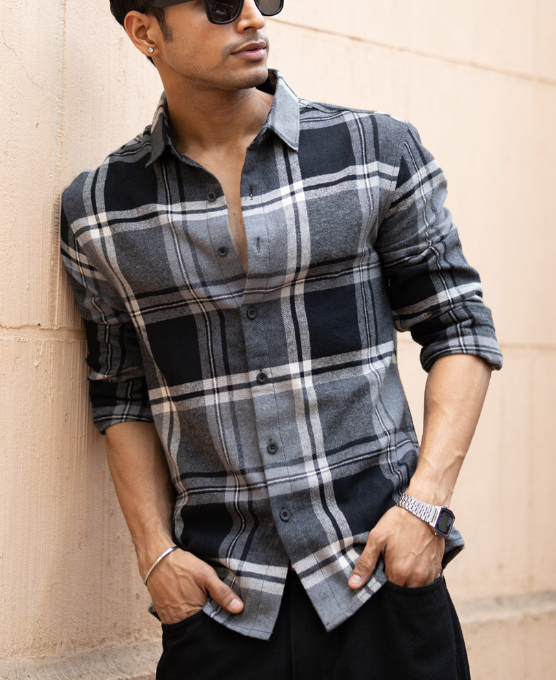 Grey & Black Macro Checks Shirt 100% Cotton