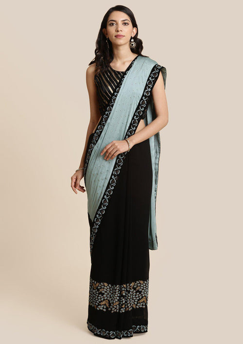 Black and Sea Green Swarovski Georgette Designer Saree