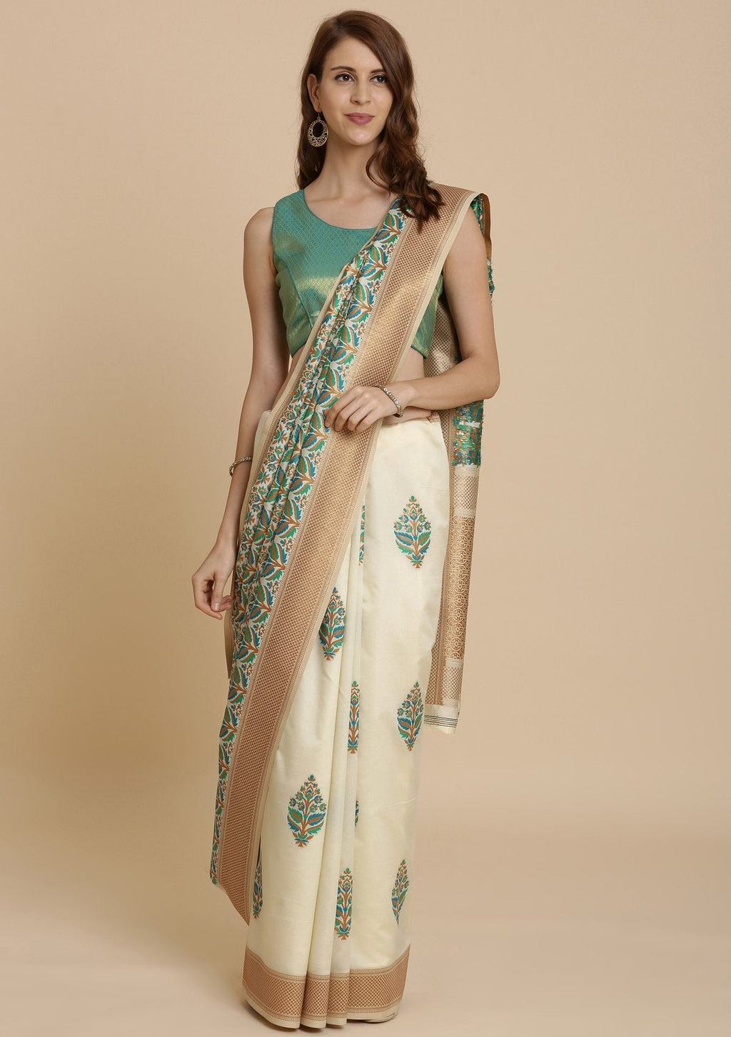 Green and Cream Thread Work Art Silk Saree