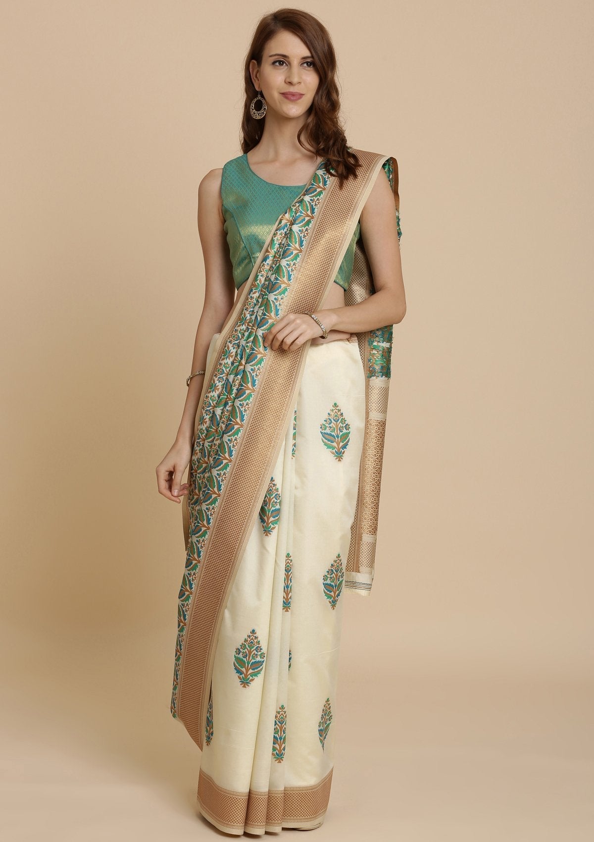Green and Cream Thread Work Art Silk Saree