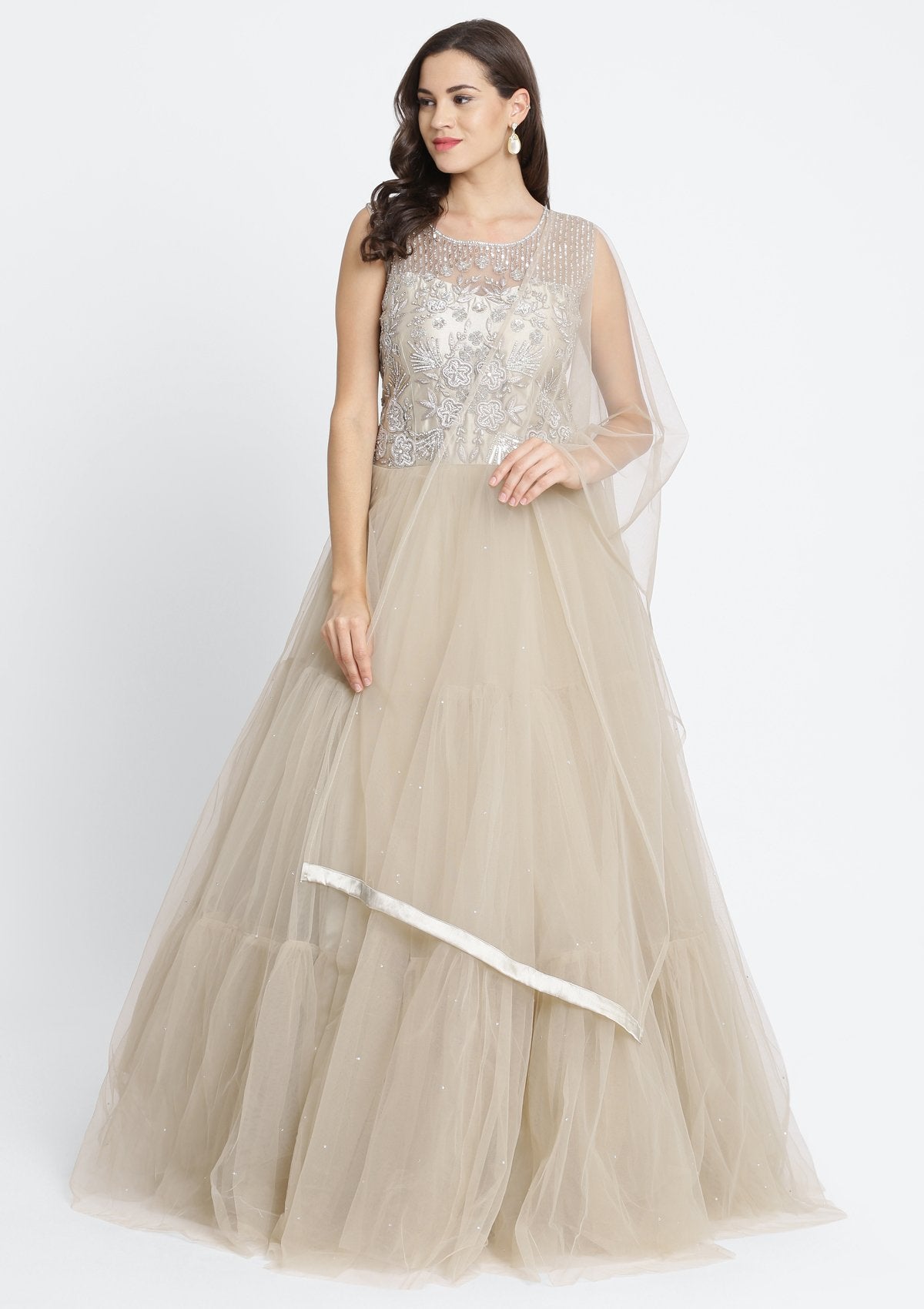 Light Brown Stonework Net Designer Gown