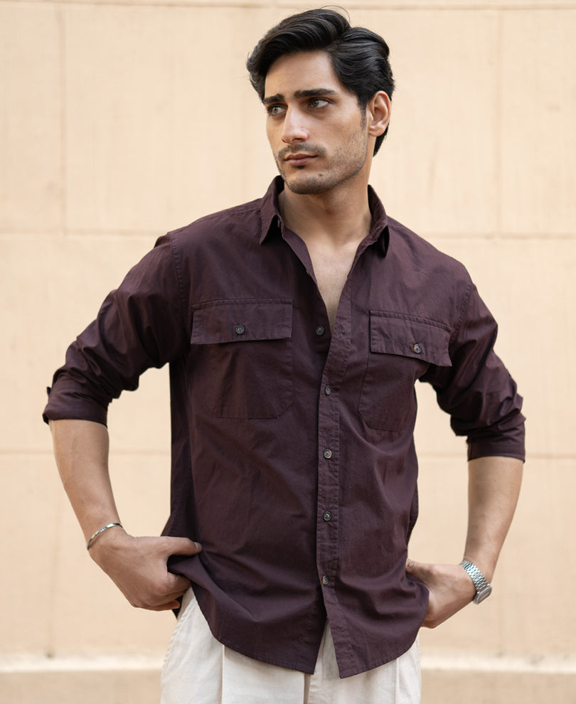 Wine Double Pocket Lightweight Shirt 100% Cotton