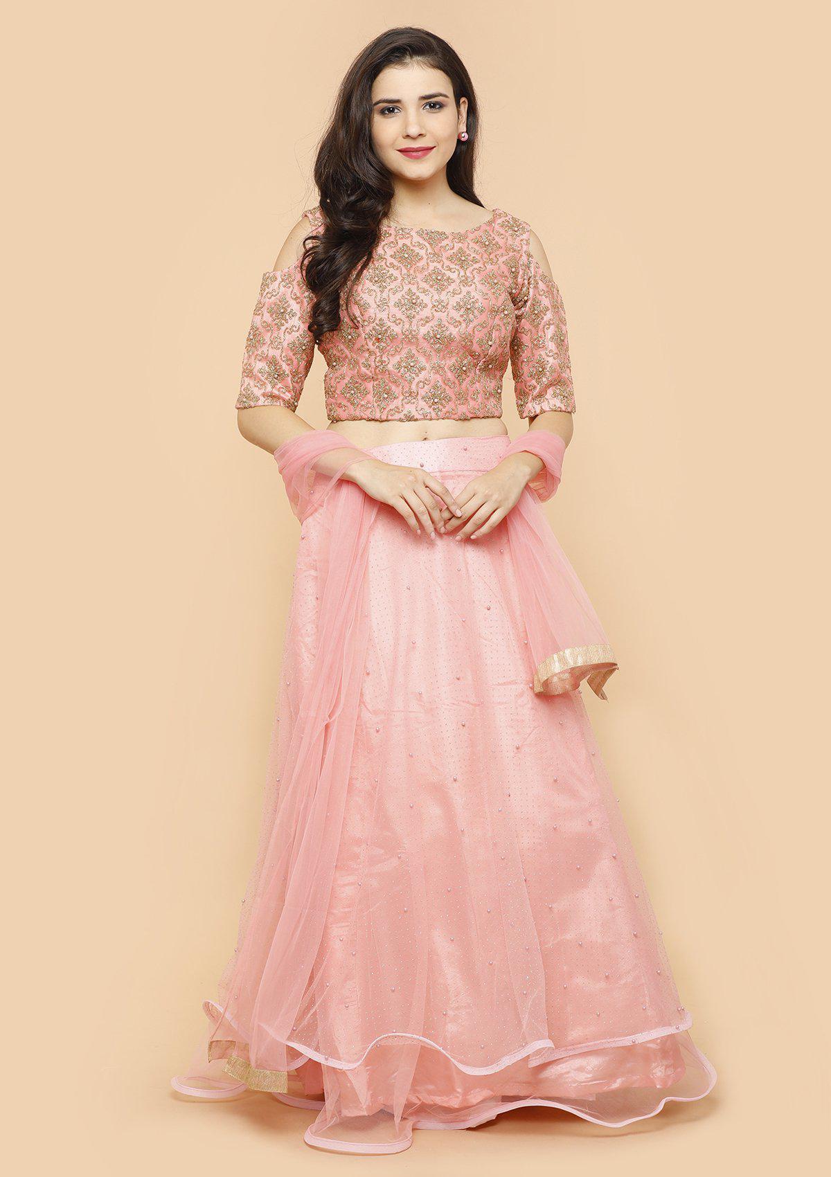 Coral Pink Pearl Silk Readymade Lehenga