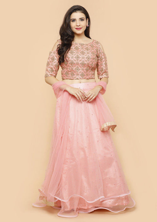 Coral Pink Pearl Silk Readymade Lehenga