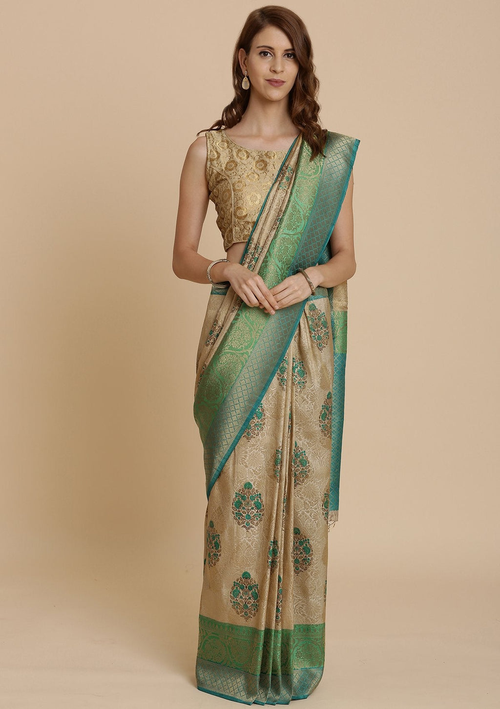 Green and Cream Art Silk Saree