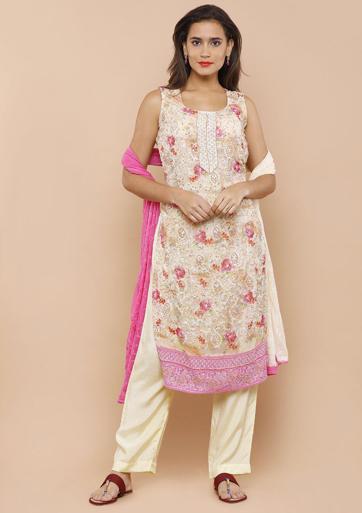 Cream and Pink Georgette Salwar Suit