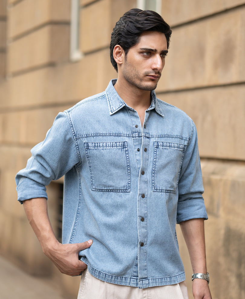Blue Double Pocket Denim Shirt 100% Cotton