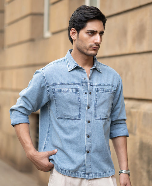 Blue Double Pocket Denim Shirt 100% Cotton
