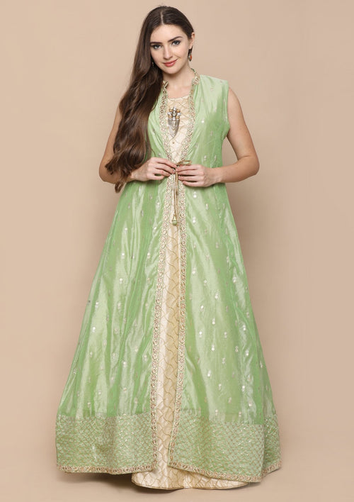 Cream Zari Work Indo Western Readymade Lehenga