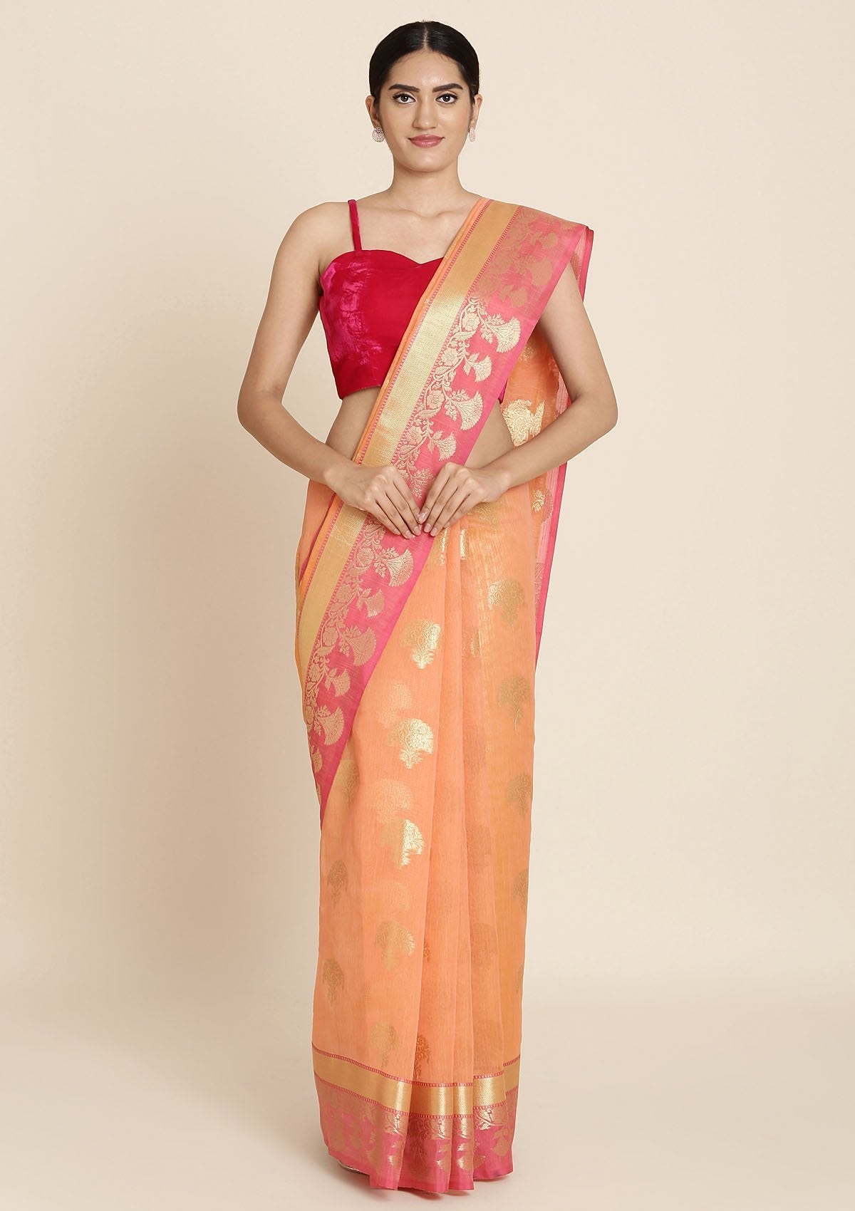 Peach And Pink Zariwork Brocade Designer Saree