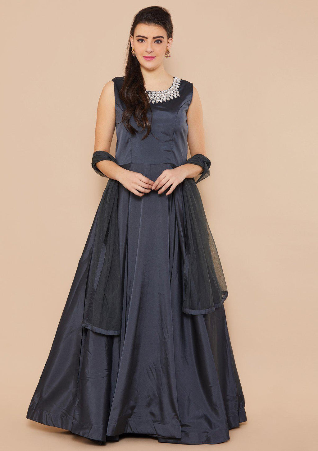 Grey Stonework Taffeta Silk Designer Gown