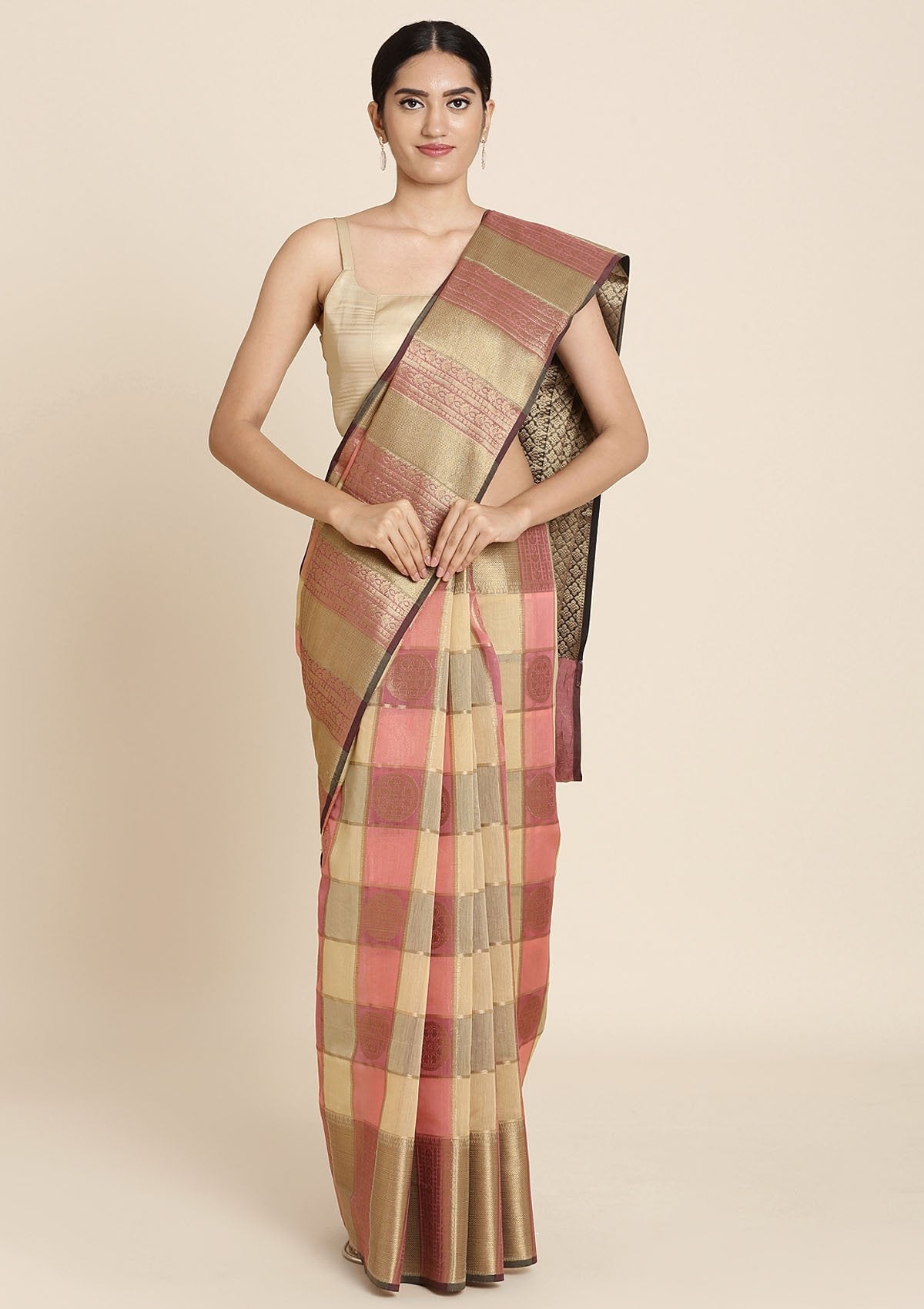 Chequered Zariwork Art Silk Saree