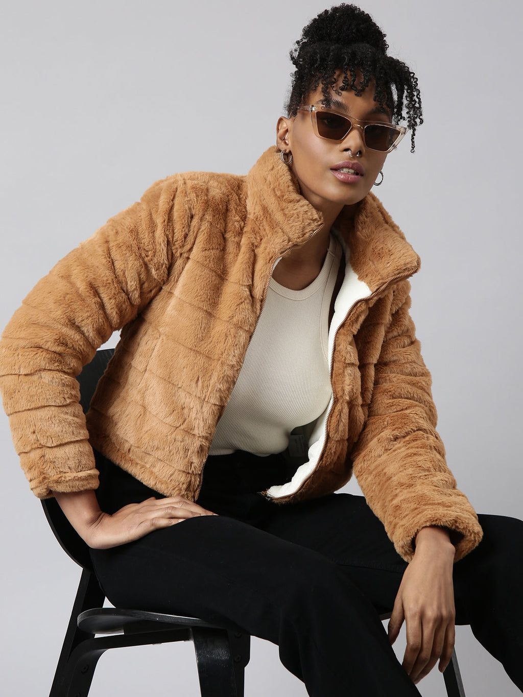 Women's Mustard Mock Collar Open Front Puffer Jacket