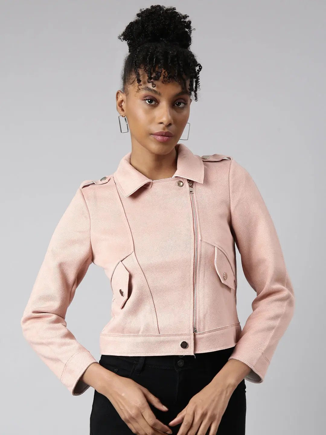 Women's Solid Peach Biker Jacket