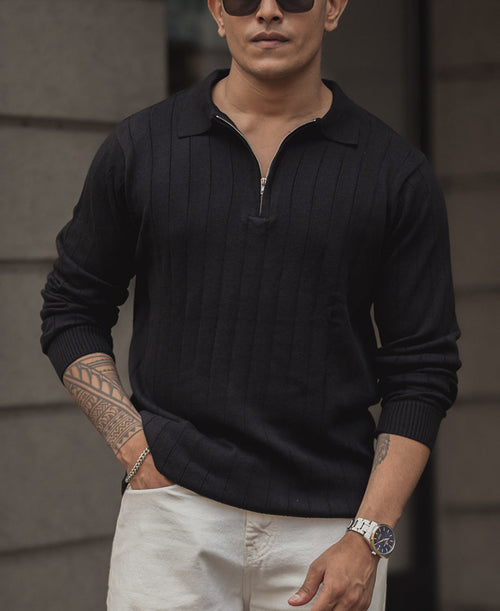 Black Knitted Regular Fit Full Sleeves T Shirt 100% Cotton