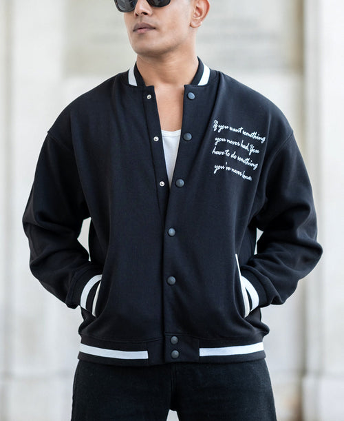 Black Embroidered Varsity Jacket 100% Cotton