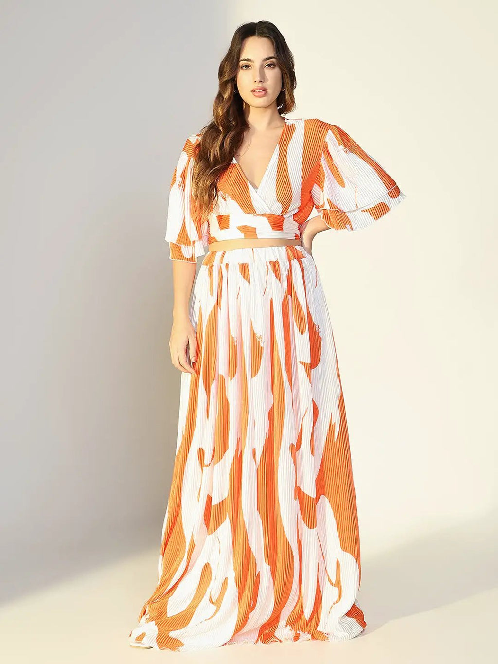 Women's Orange Abstract Print V-Neck Top Co-Ords Set with Skirt