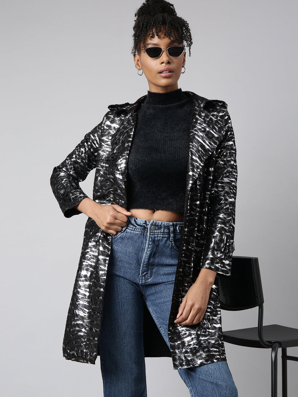 Women's Black Abstract Printed Longline Trench Coat