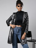 Women's Black Abstract Printed Longline Trench Coat