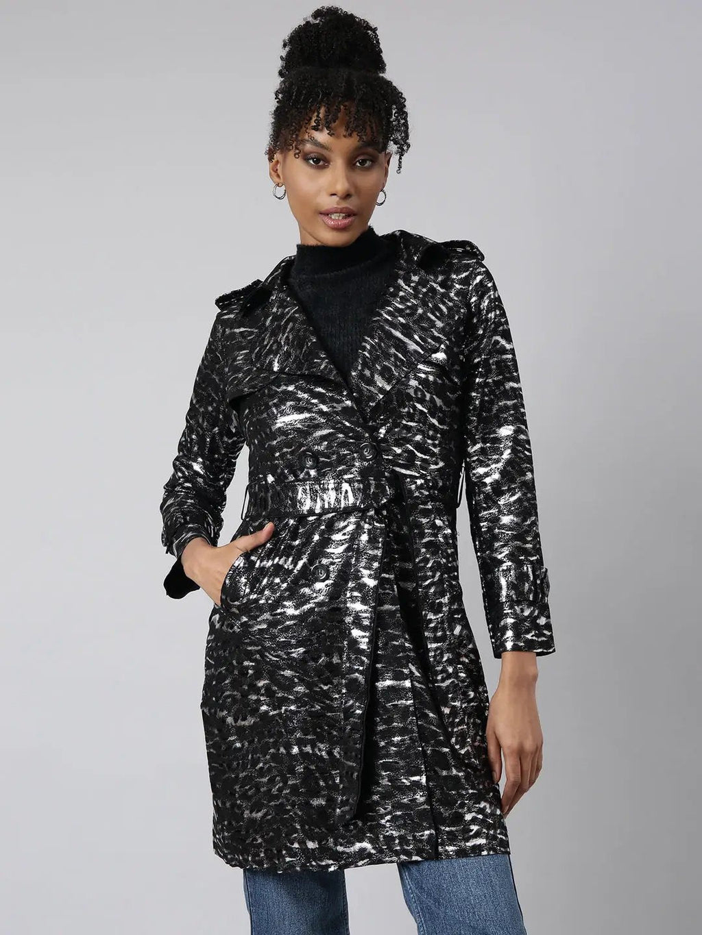 Women's Black Abstract Printed Longline Trench Coat