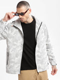 Men's Hooded White Geometric Tailored Oversized Jacket comes with Detachable Hoodie