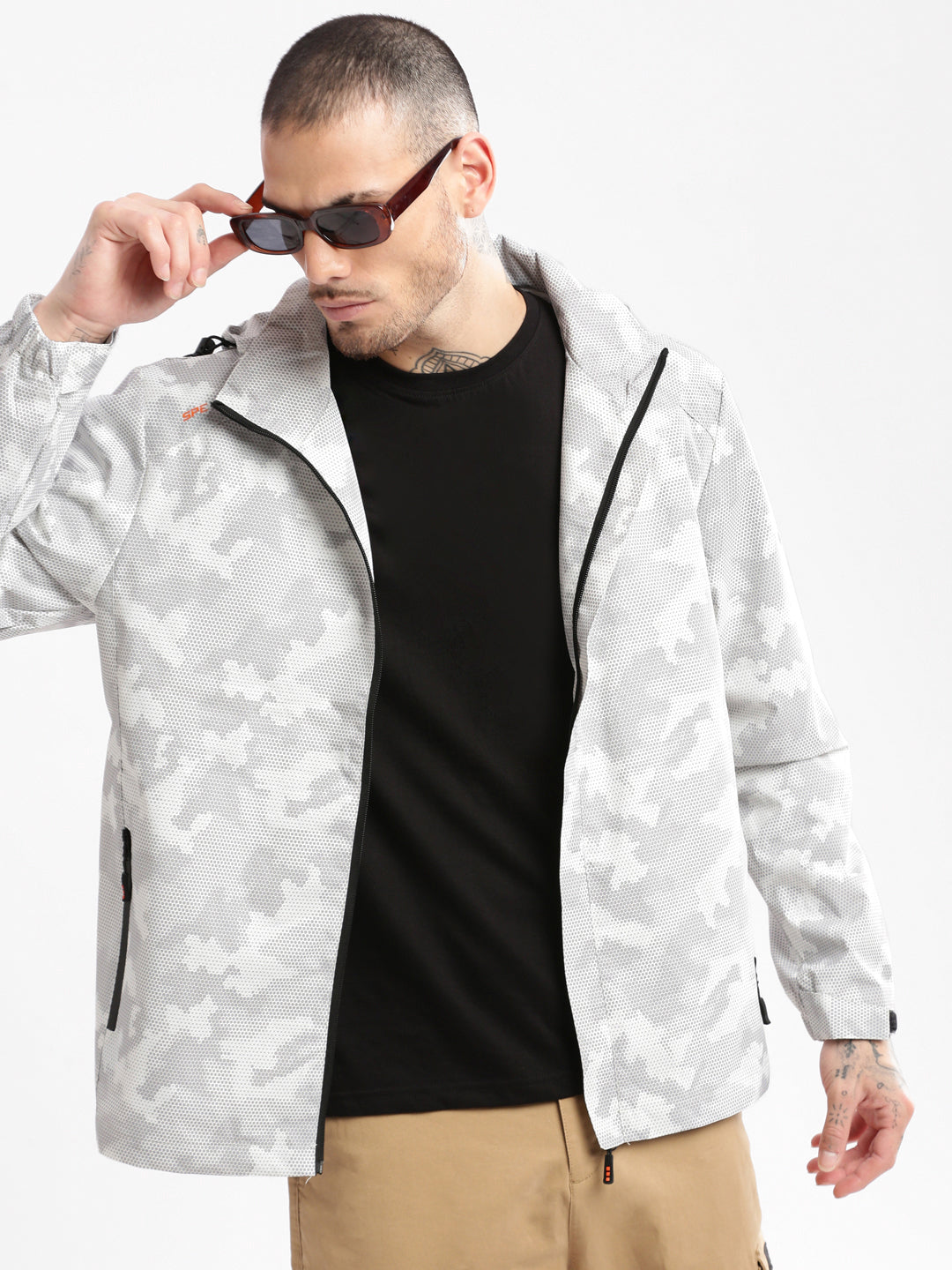 Men's Hooded White Geometric Tailored Oversized Jacket comes with Detachable Hoodie