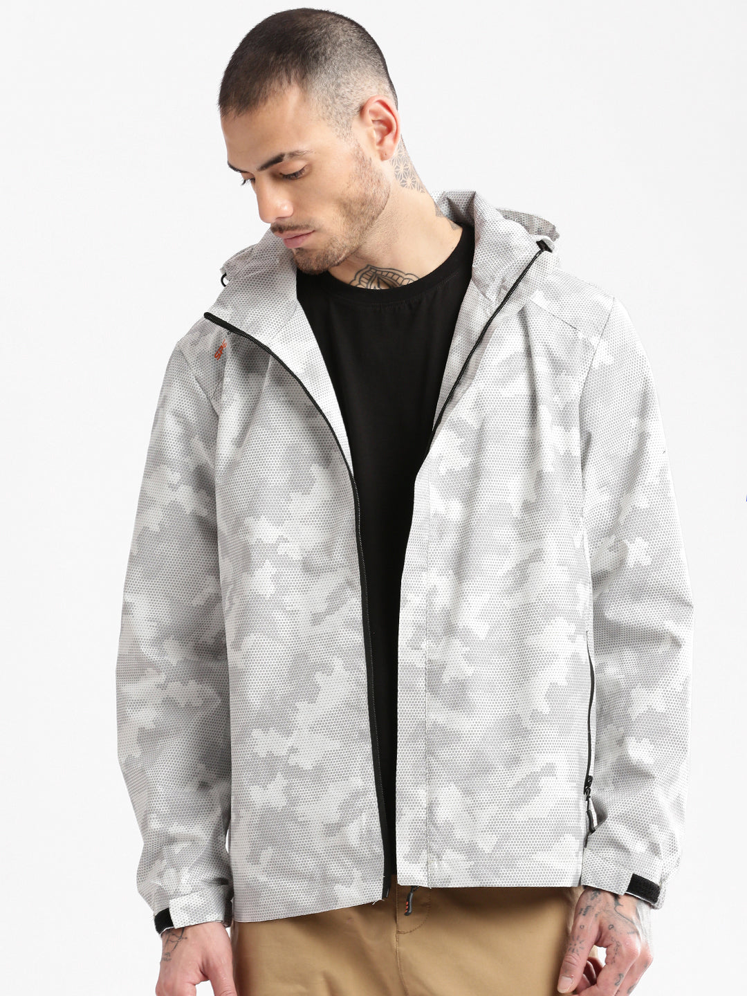 Men's Hooded White Geometric Tailored Oversized Jacket comes with Detachable Hoodie