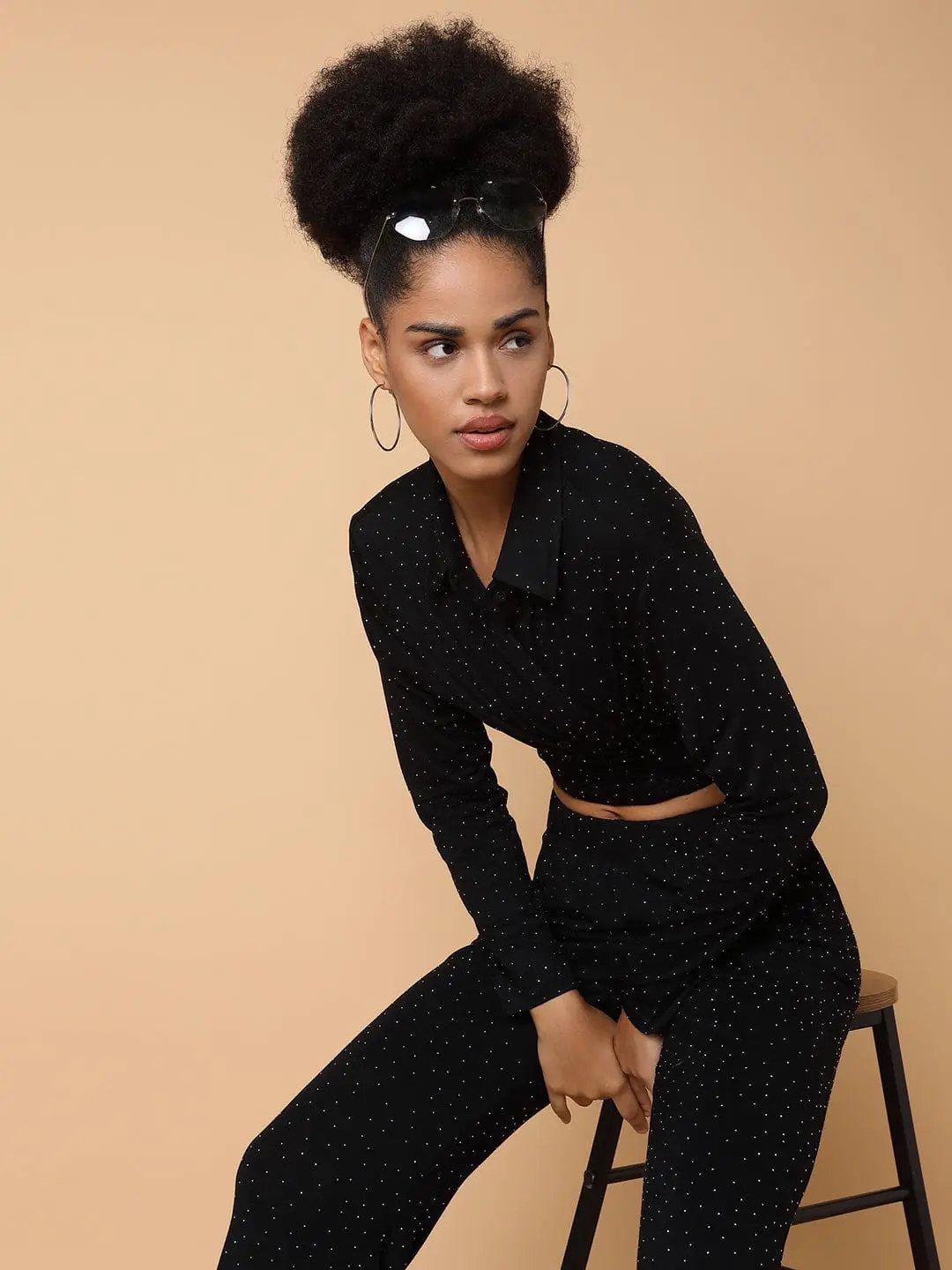 Women's Embellished Collared Black Co-Ords Set