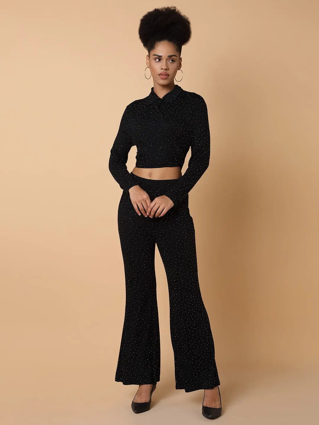 Women's Embellished Collared Black Co-Ords Set
