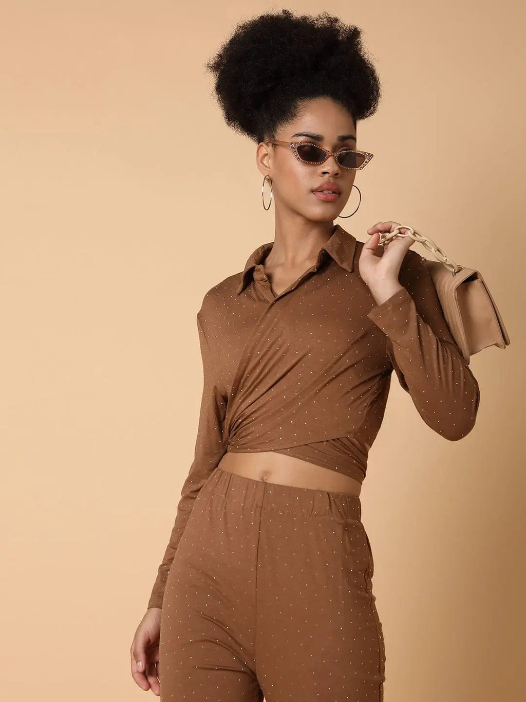 Women's Embellished Collared Brown Co-Ords Set