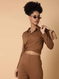 Women's Embellished Collared Brown Co-Ords Set