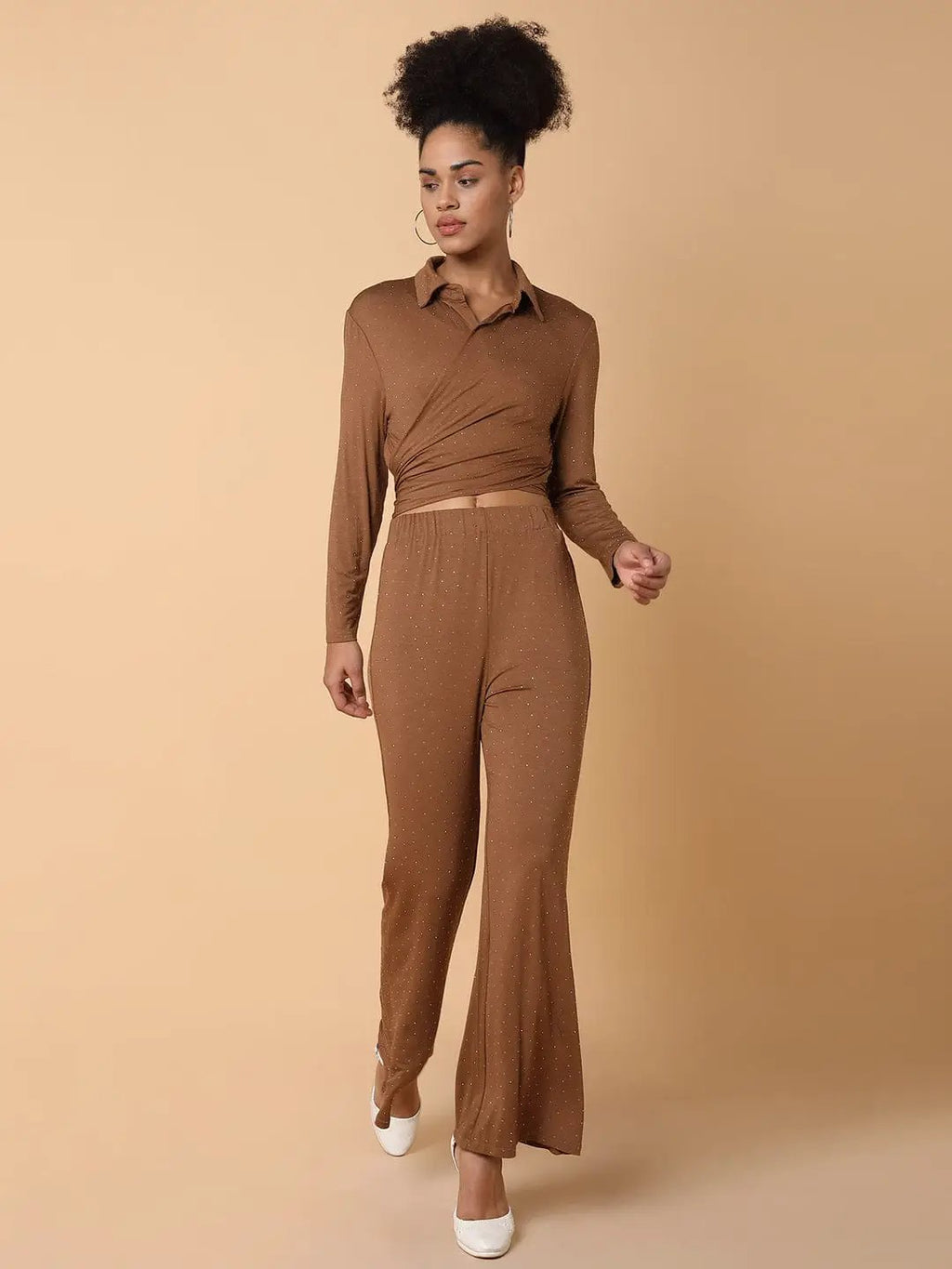 Women's Embellished Collared Brown Co-Ords Set