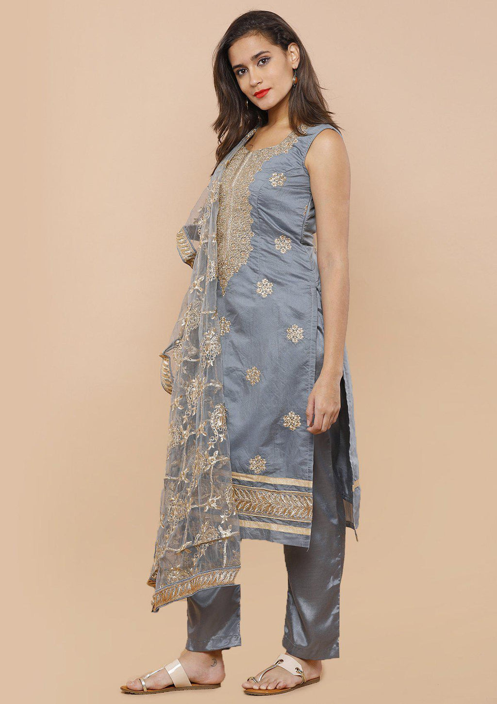 Grey Stone Work Chanderi Silk Salwar Suit